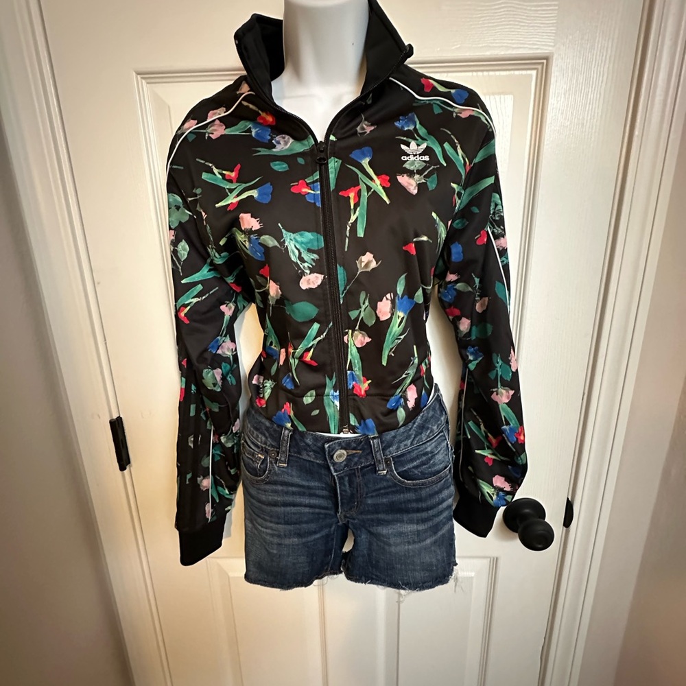 adidas Black Floral Zip Track Jacket with Multicolor Blooms - Picture 1 of 4